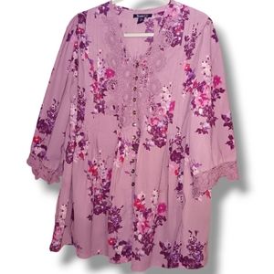 Roaman's Women's Plus Size Juliet Lace Big Shirt lace-detailed 3/4 sleeves 18W